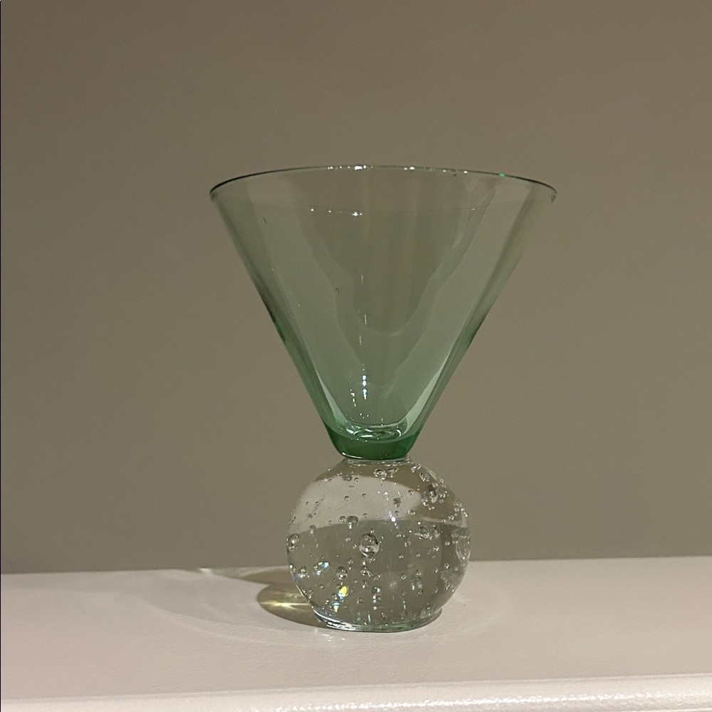 Set of 2 Vintage Controlled Green Bubble Martini Cocktail Glass Heavy Base